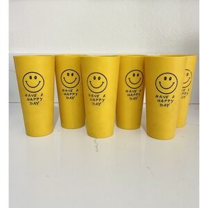 Vintage 1970's Have A Happy Day Smiley Face Plastic Cups Tumblers 16 0z Set Of 6